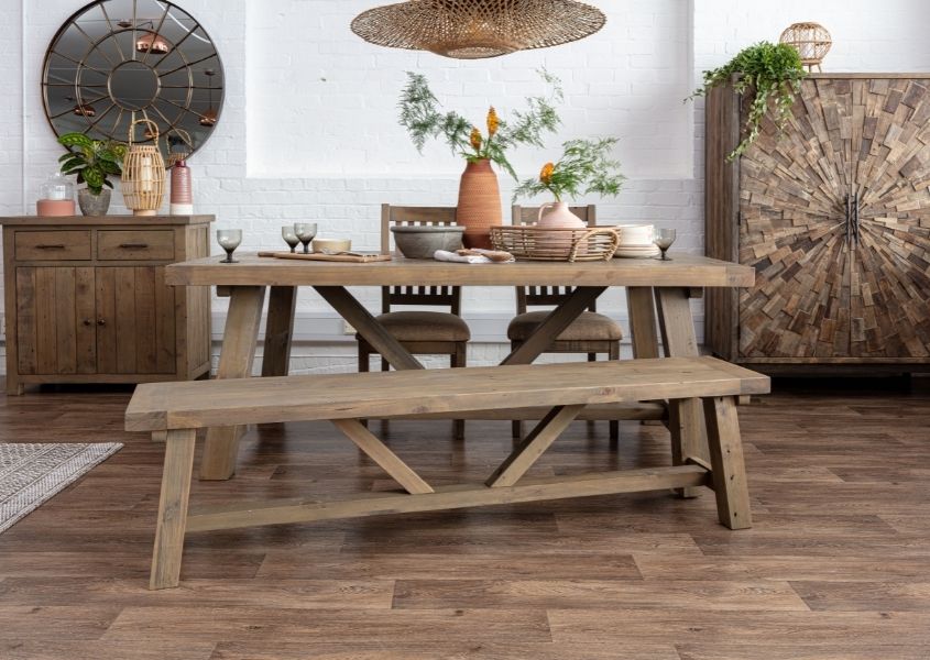 reclaimed wood dining table with matching wooden dining bench