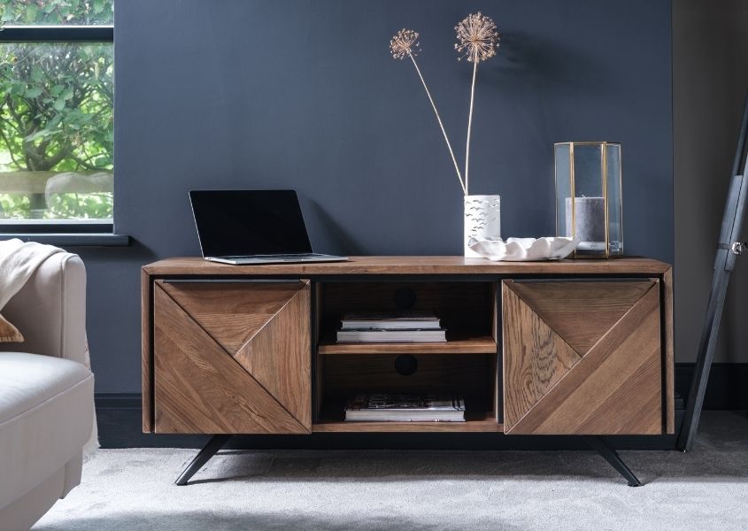 rustic oak tv stand with two cupboards and middle shelf