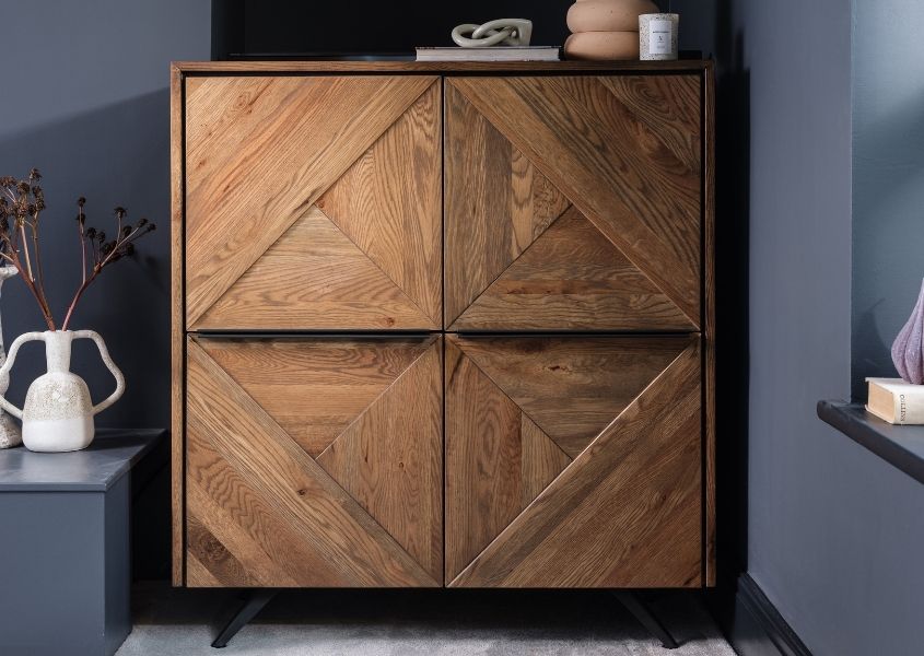 rustic oak highboard with metal handles
