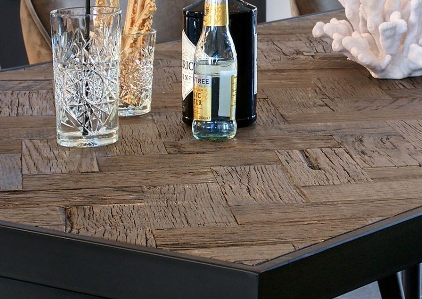 close up of reclaimed wood of industrial coffee table