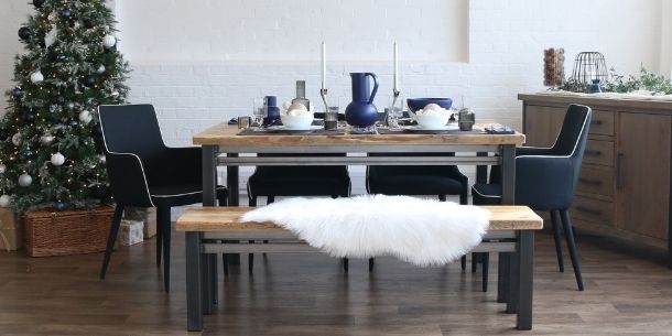 beam industrial reclaimed wood dining table with Christmas tree and decorations