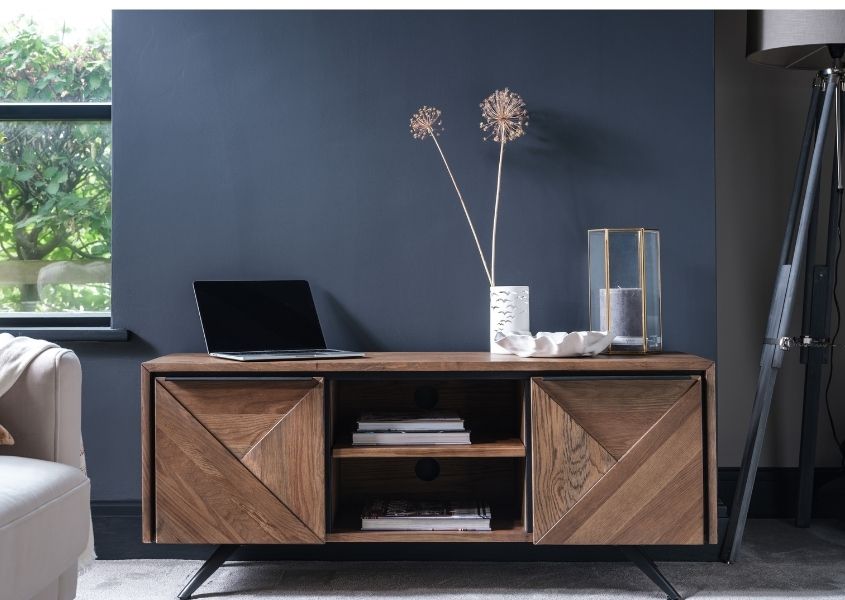 rustic tv unit with two cupboards and middle shelf