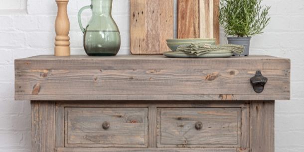 Reclaimed wood butcher's block with two drawers and metal bottle opener