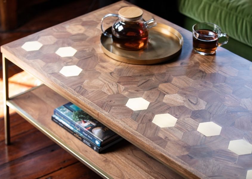 mango wood coffee table with brass inlays