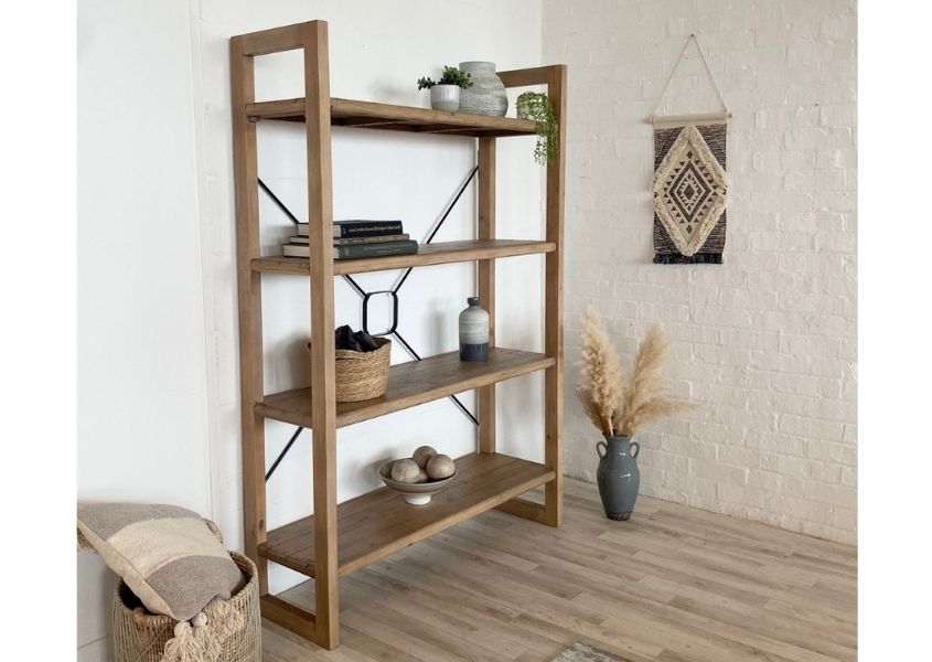 reclaimed wood bookcase with metal cross back