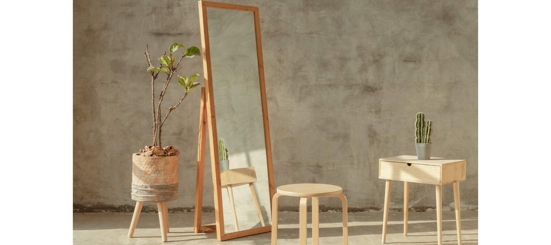 Large wooden floor standing mirror with stool and side table