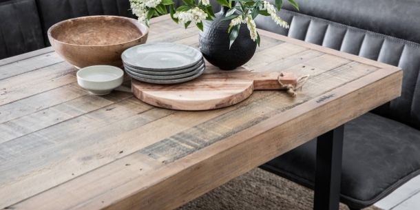 close up of reclaimed wood dining table