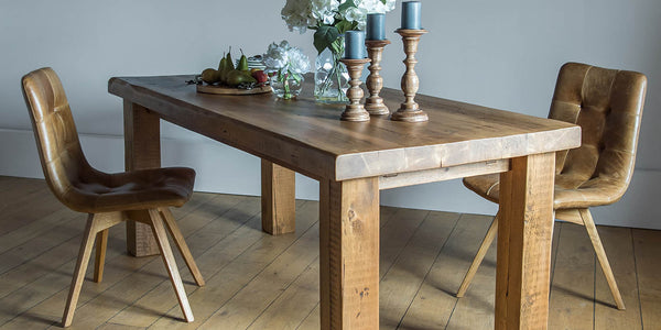 Allegro Cerato Leather Dining Chairs and English Beam Dining Table