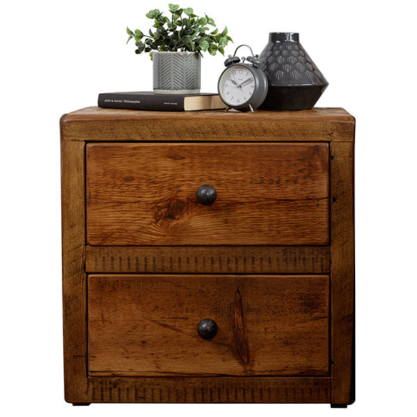 A small bedside table made of reclaimed beam