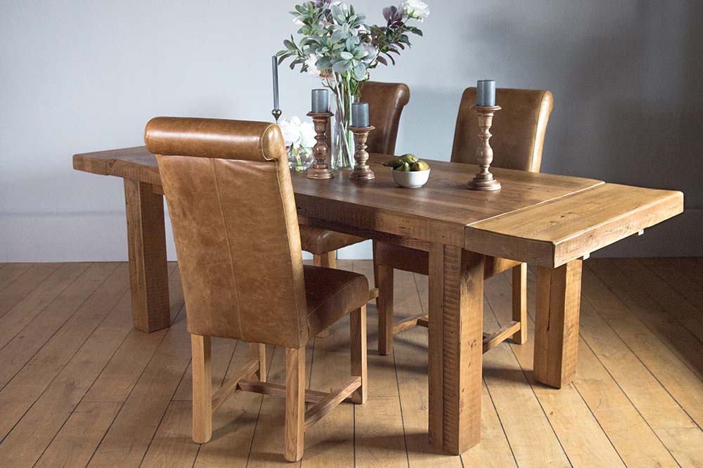 Beam Reclaimed Wood Dining Table and Leather Chairs