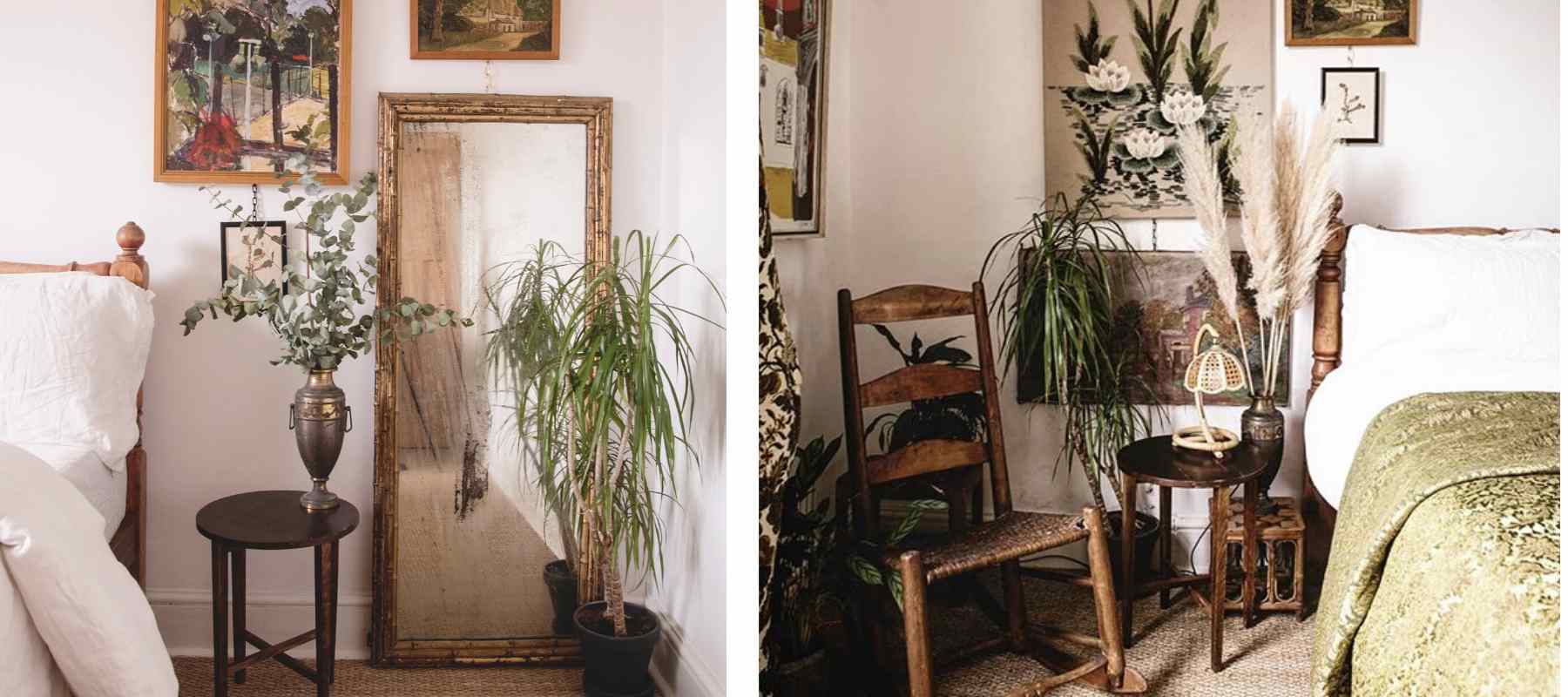 Two images of a bedroom will full length mirror and wooden chair