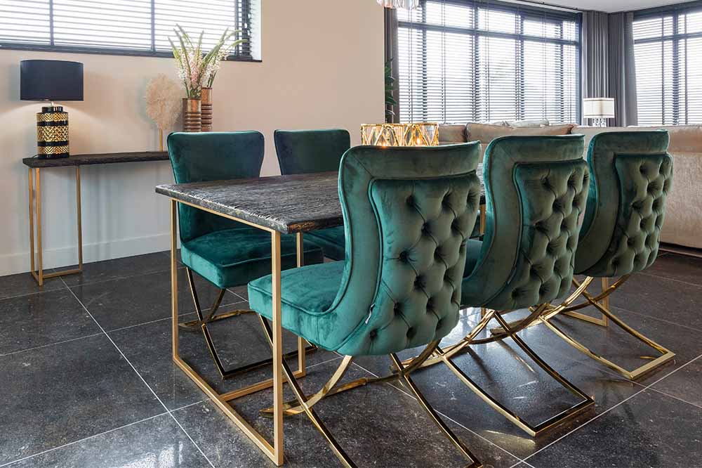 Celine Green Velvet Dining Chairs in Dining Room