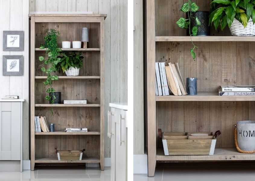 Wooden book case with close up of wood