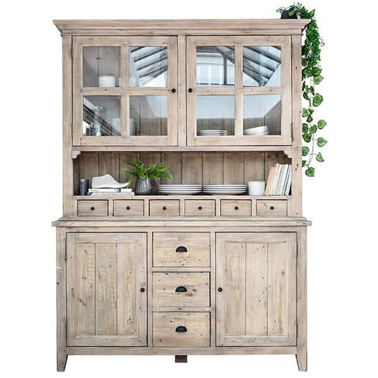 Pale reclaimed wood dresser with hanging plant