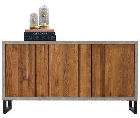 Dark wood sideboard on black metal legs with a concrete touch