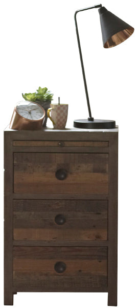 Dark narrow wooden bedside table with round handles and a table lamp