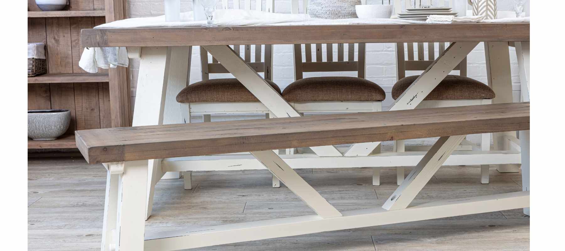 Reclaimed wood dining bench with white painted frame