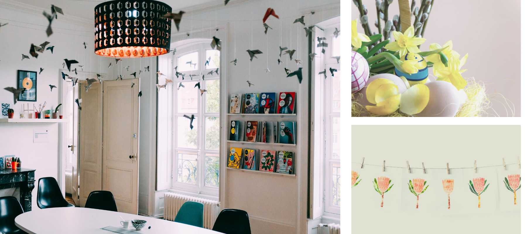 Paper birds hanging from ceiling and close up of eggs with daffodils