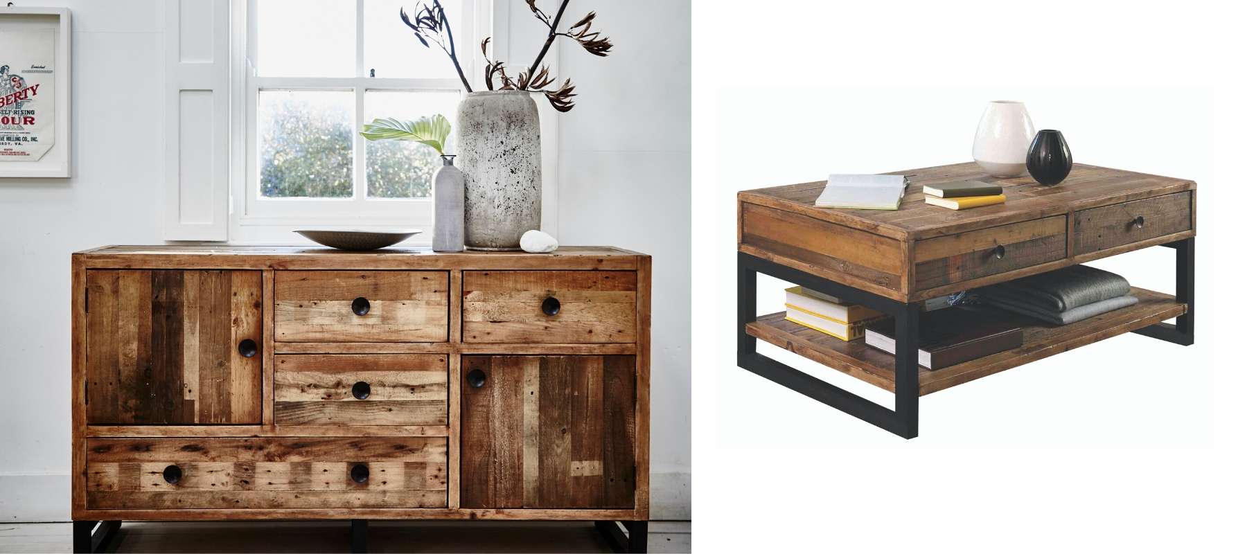 Reclaimed wood side board and coffee table