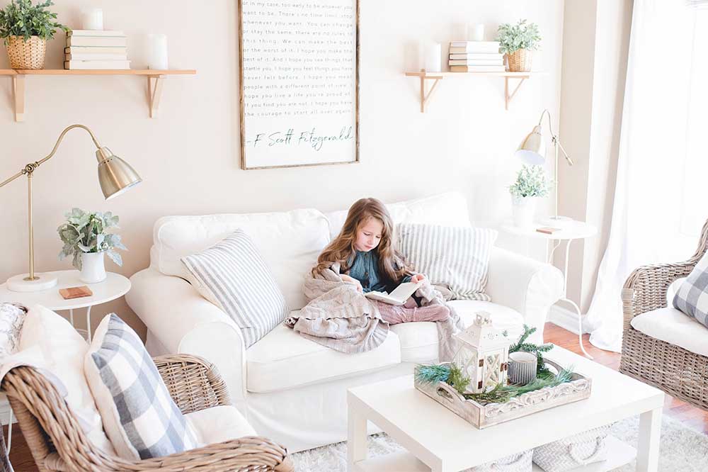 White Sofa in Farmhouse Living Room