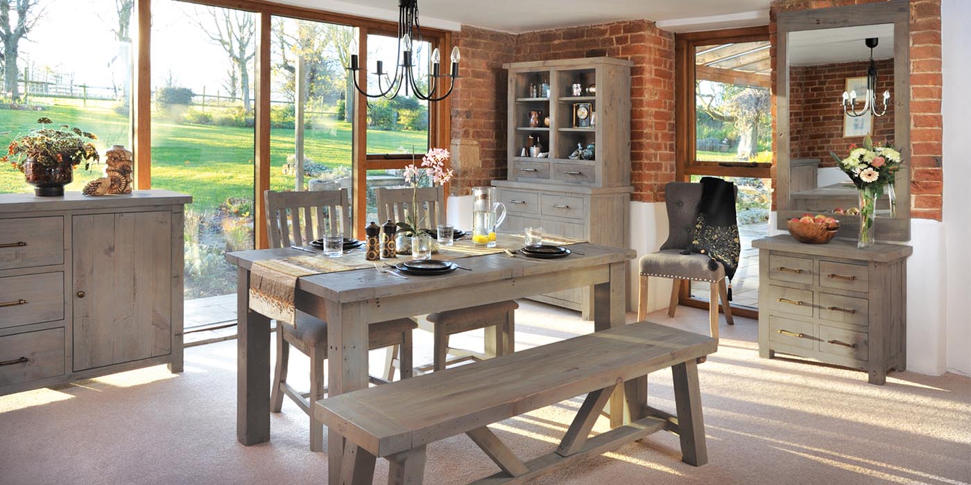 Farringdon Reclaimed Wood Dining Table with Bench and Chairs in Room
