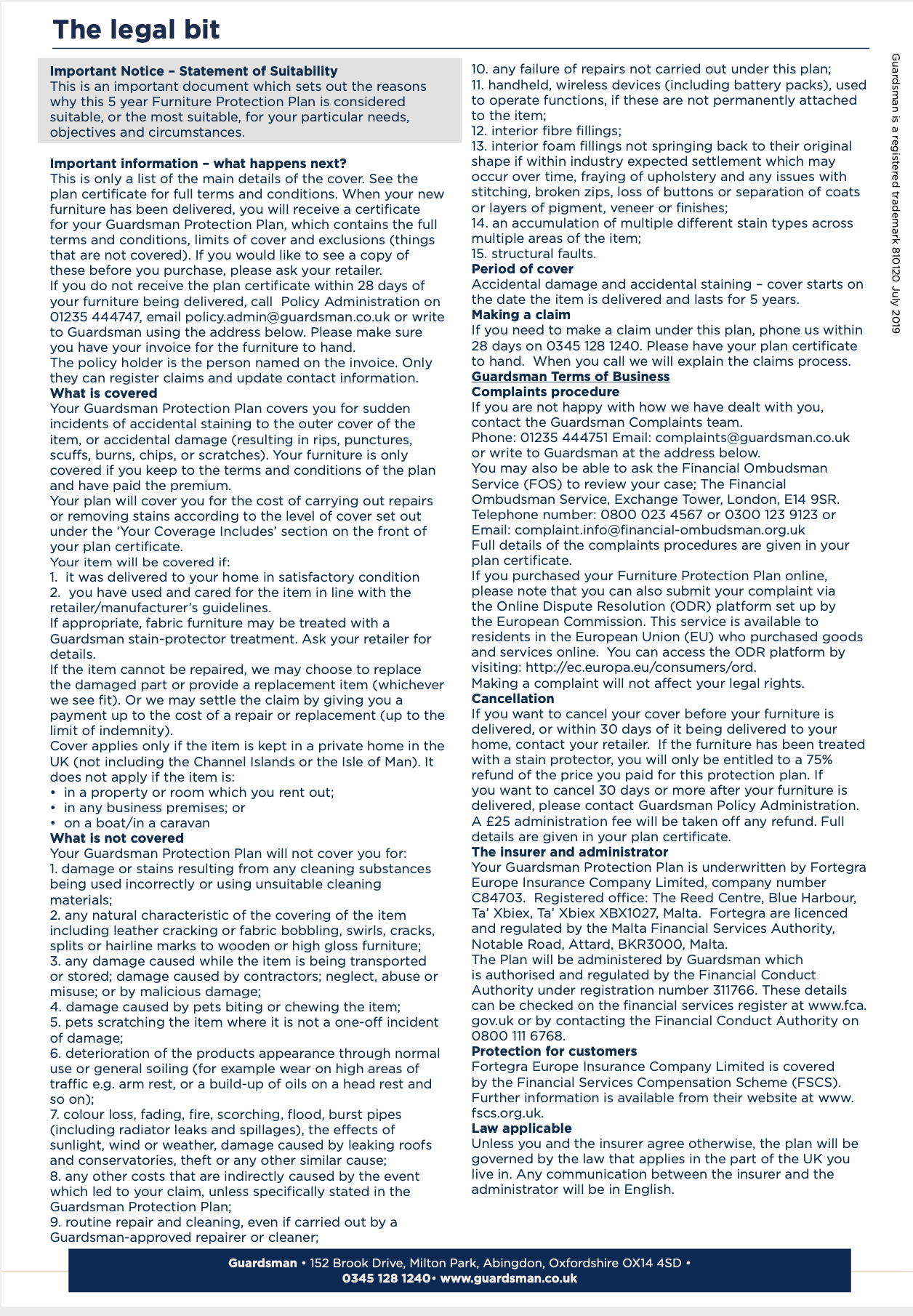 Guardsman Sofa & Armchair Furniture Protection Plan page 2