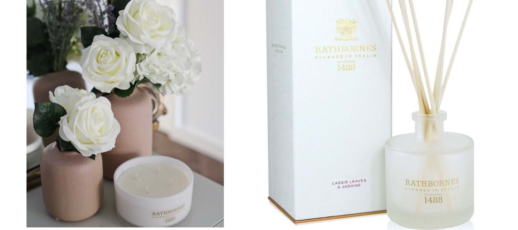 Rathbornes candle with white flower and glass reed diffuser