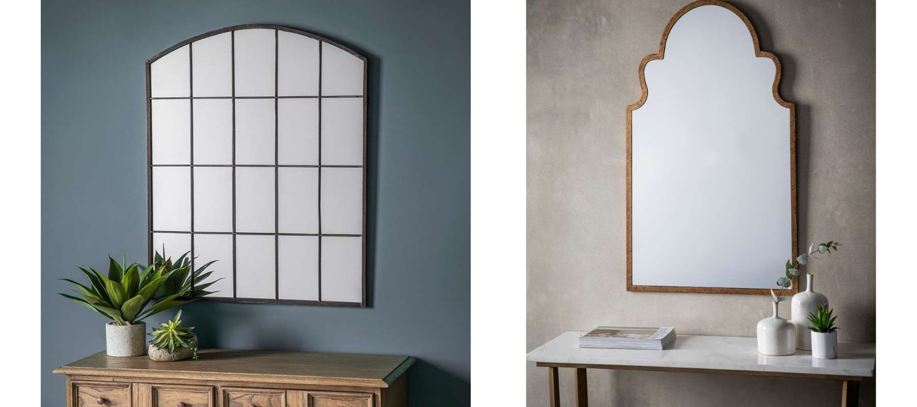 Large wall mirror with square sections and sculpted mirror above console table