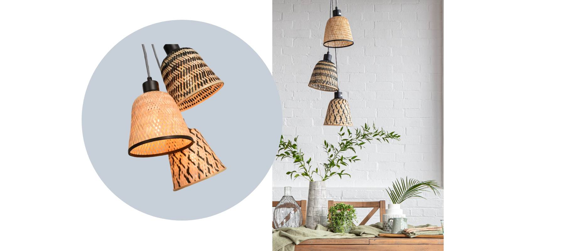 Cluster of rattan pendant ceiling lights