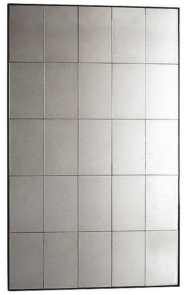 A floor mirror with a metal window glass design