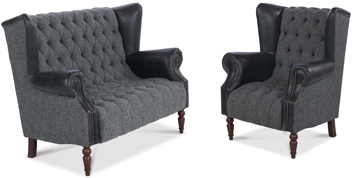 Leather and Harris Tweed Sofa and Armchair