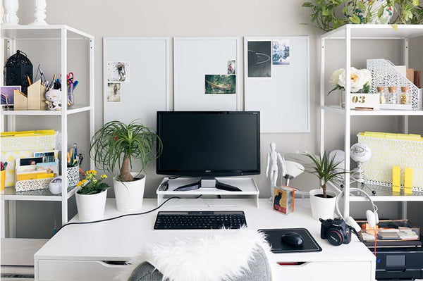 Home Office White Desk with Sheepskin