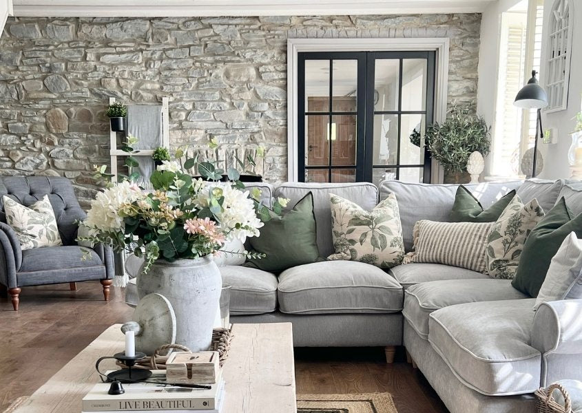 grey fabric sofa and rustic coffee table
