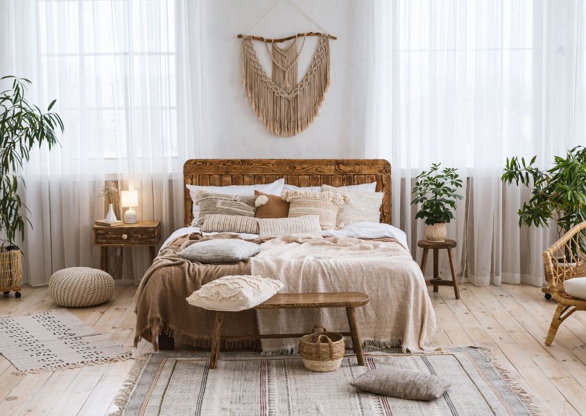 rustic bedroom with solid wood bed frame