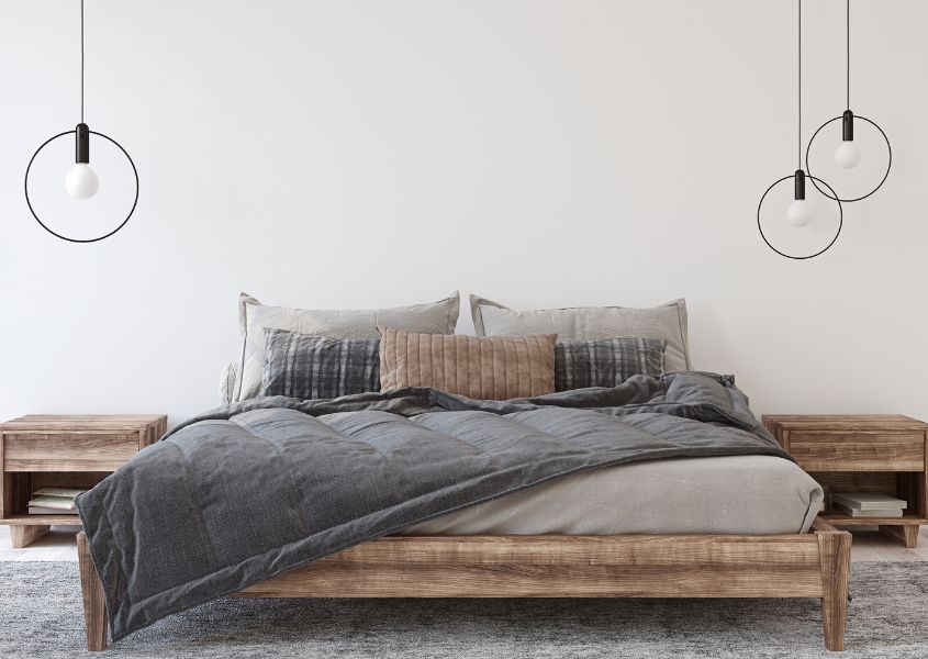 rustic wooden bed frame with modern hanging pendant lights