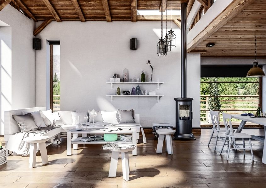 open plan living room and kitchen with rustic furniture