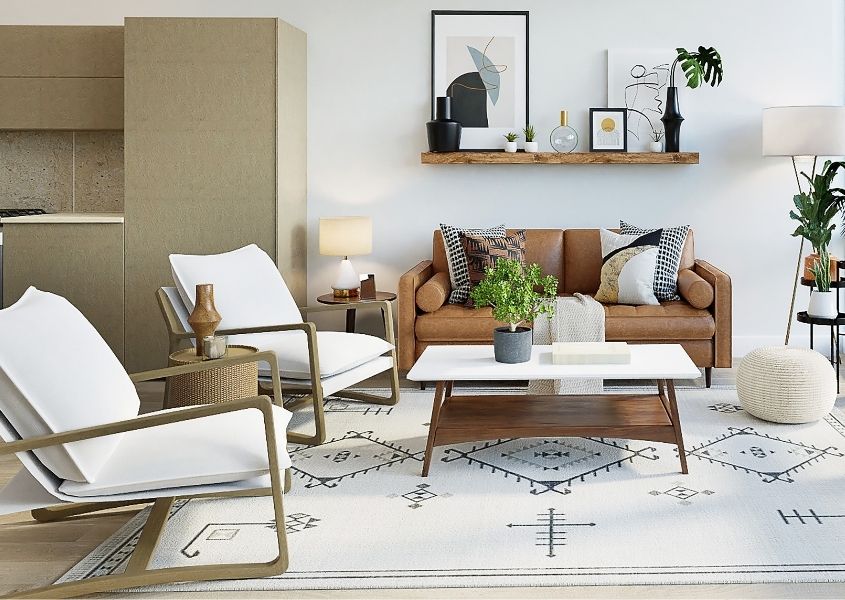 open plan living room with brown leather sofa