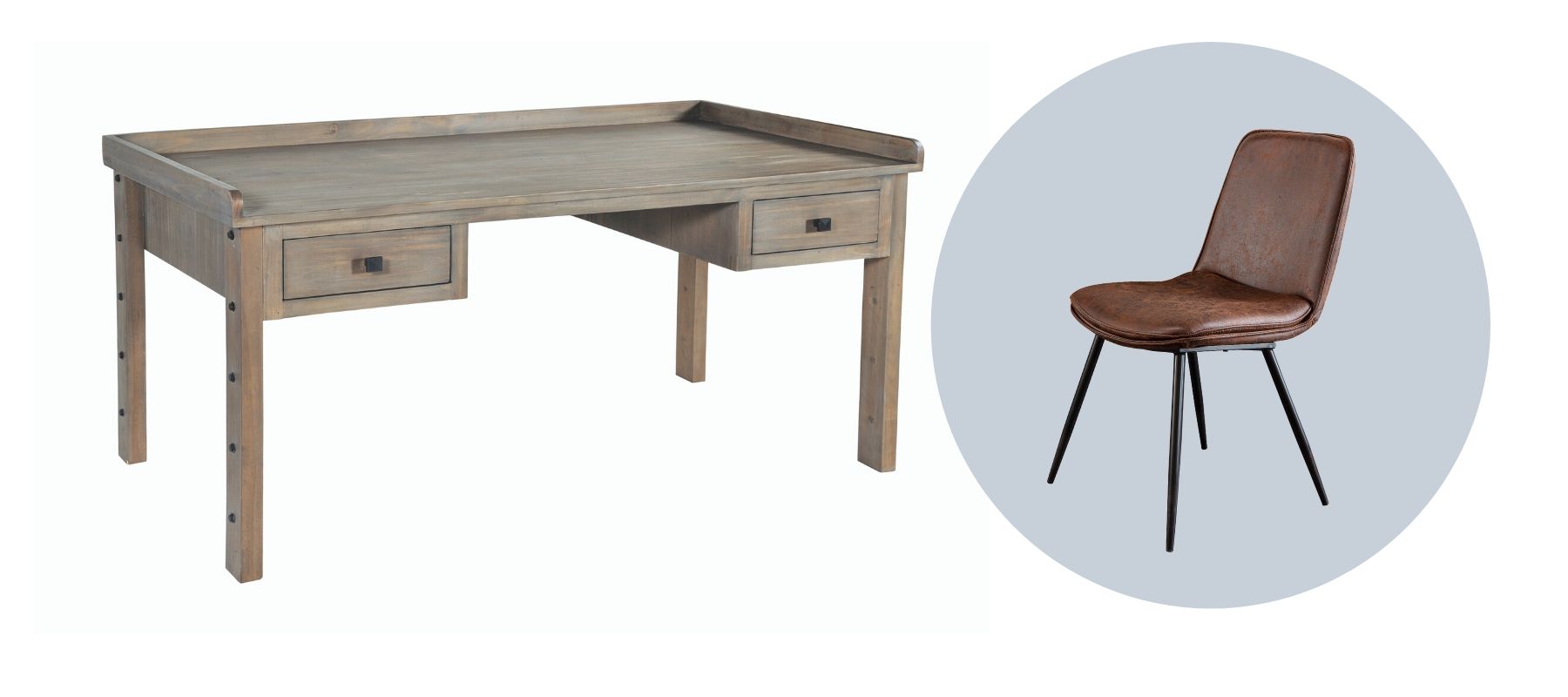 Industrial wood desk with metal detailing and brown faux leather chair