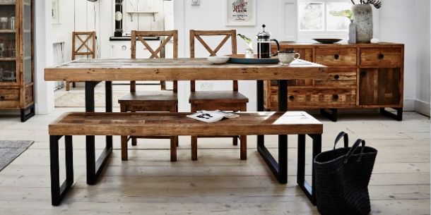 Industrial dining table with matching wooden bench