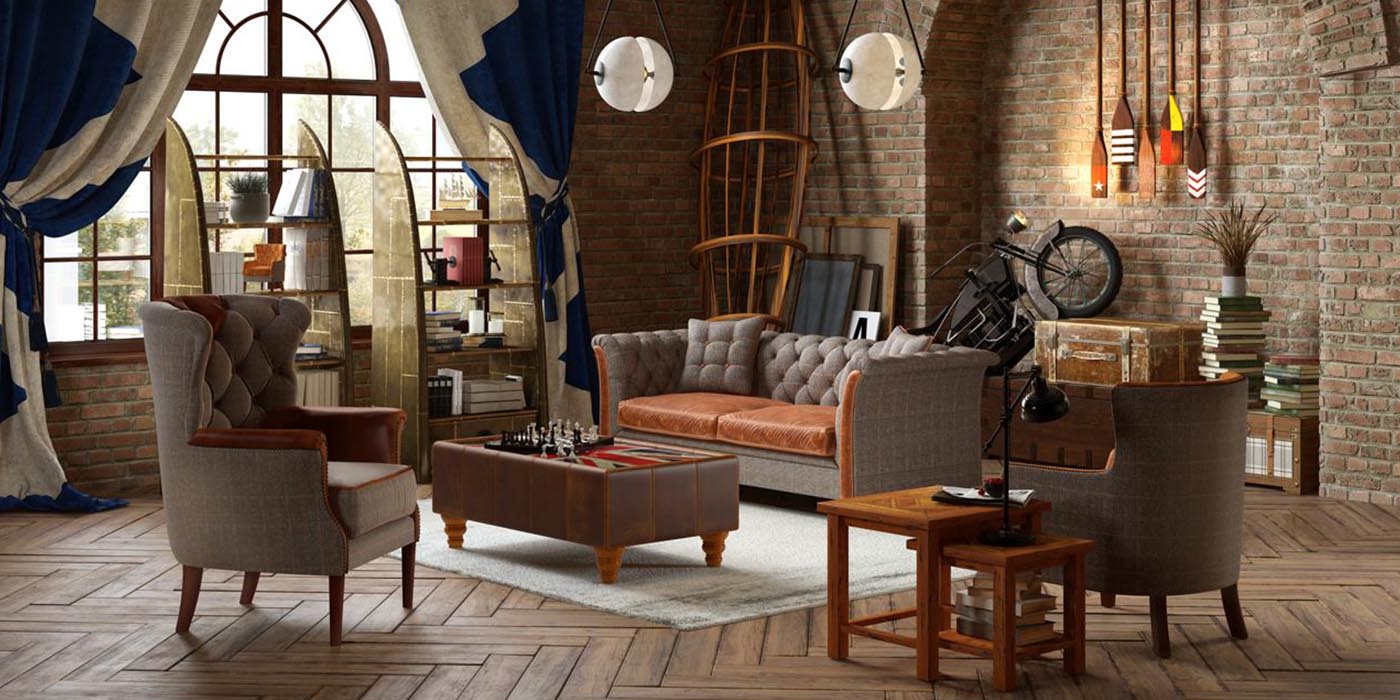 Leather Coffee Table Union Jack in Living Room with Grey Sofa and Armchairs