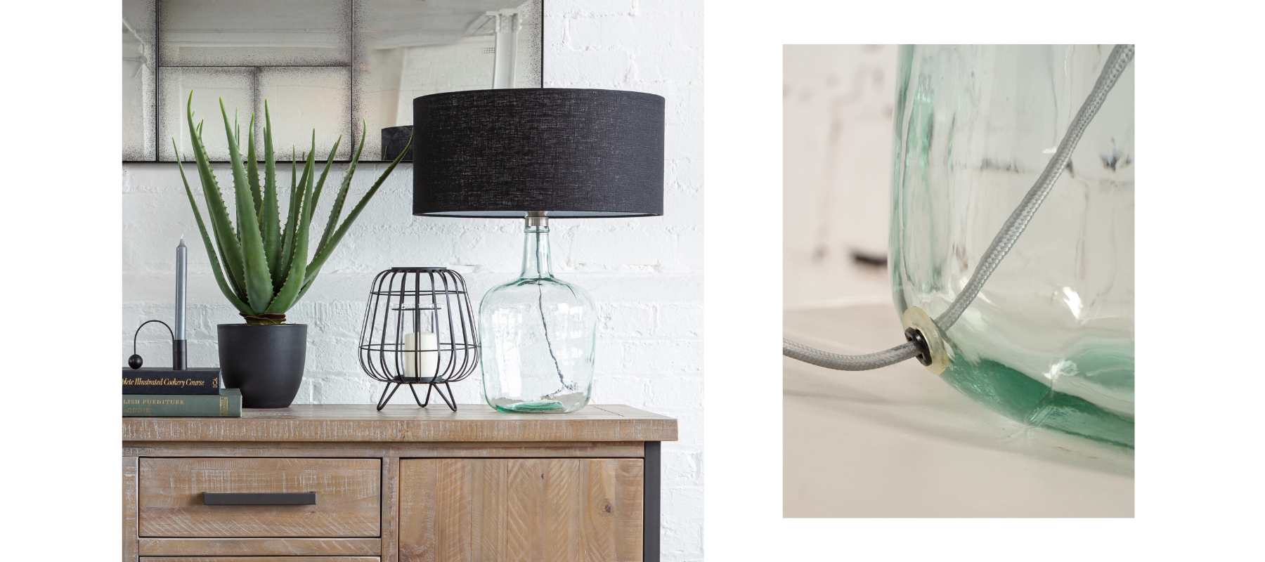 Mia glass table lamp with coloured shade and close up of glass