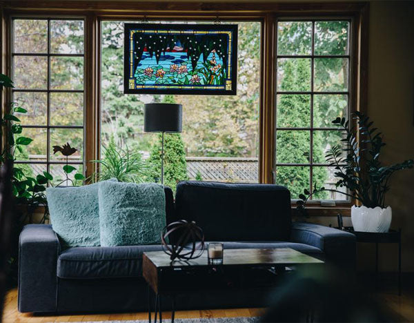 Living Room with Grey Sofa and Flowers