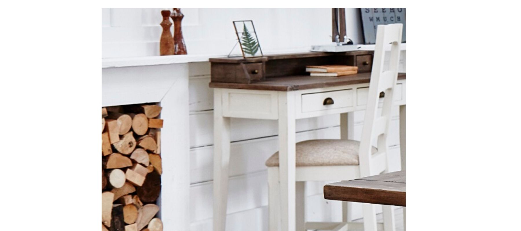 Worcester White reclaimed wood desk next to fireplace