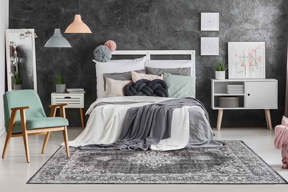 Louis de Poortere Fairfield Dark Rug in Bedroom