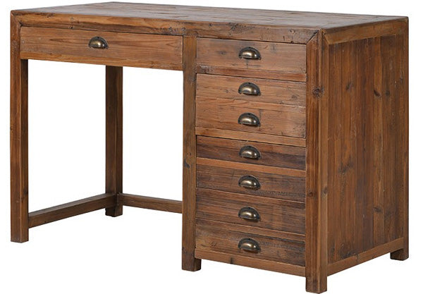 A dark, reclaimed wood desk with eight drawers