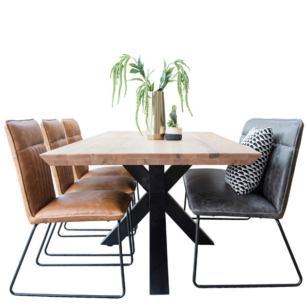 Rocco Industrial Rustic Oak Spider Leg Dining Table and Brown Faux Leather Dining Chairs