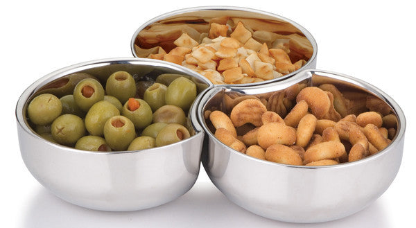 Set of three linked stainless steel bowls in silver