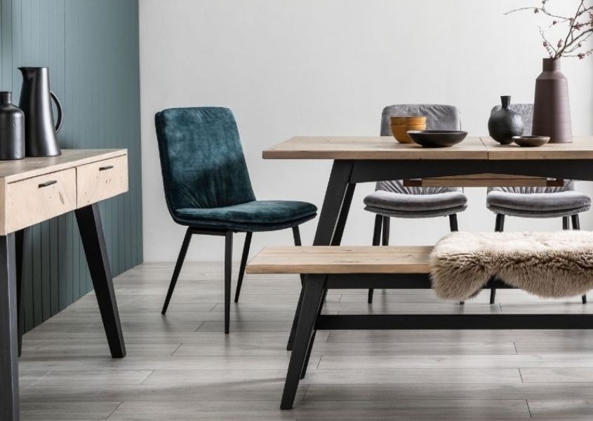 oak dining table with oak bench and blue dining chair