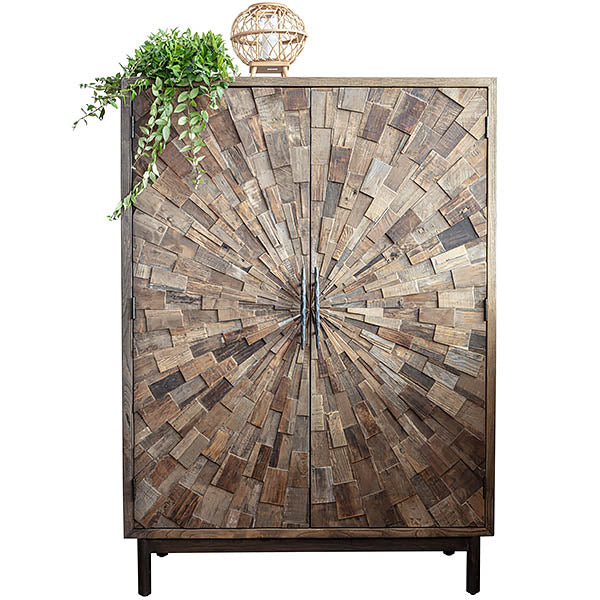 A rustic elm cabinet with an intricate pattern