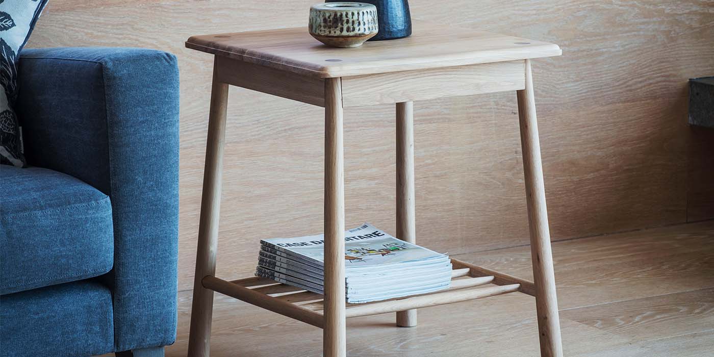 Wycombe Oak Side Table and Blue Fabric Sofa